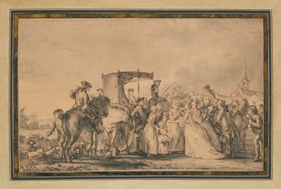 Marie Antoinette, arabasından iniyor ve kortejiyle çevrili, bir köylüyü teselli ediyor, 1773 by Jean Michel the Younger Moreau