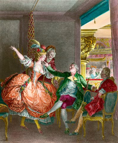 Fuhuş: “” Tiyatrodaki sunum””” Genç bir kadın çöpçatan aracılığıyla bir beyefendiye sunuluyor. Moreau le Jeune (1741-1814) tarafından yapılan gravür. 19. yüzyıl. Özel koleksiyon by Jean Michel the Younger Moreau