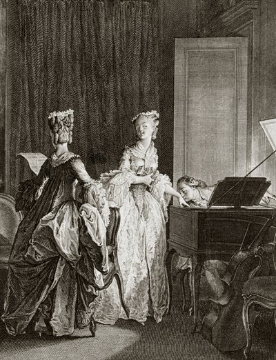 Saint Preux ve Claire, İsviçreli filozof Jean Jacques (Jean-Jacques) Rousseau (1712-1778) tarafından “Julie ou la nouvelle Heloise” deki klavsende - Moreau le jeune, Jean Michel (1741-1814) tarafından gravür (Saint -Preux, klavsene yerleşir, öper by Jean Michel the Younger Moreau