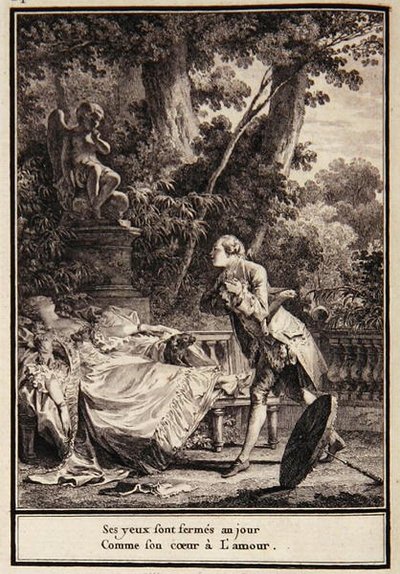 "Kalbinde aşk olduğu için gözleri güne kapalı", Laborde tarafından "Choix de Chansons"dan bir illüstrasyon by Jean Michel the Younger Moreau