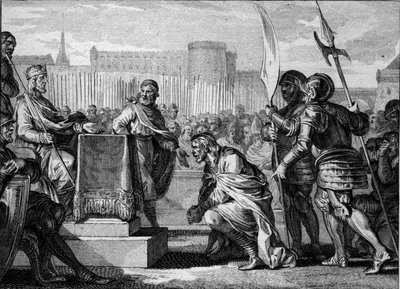 Tassilon III (Tassillon, Tassilo, 742-794), Duke of Baviere, prostrates to Charlemagne (747-814), King of the Franks, at Ingelheim, 788. He was convicted of treason and sentenced to death but ended his life in a monastery. Engraving by Jean Michel Moreau,  by Jean Michel the Younger Moreau