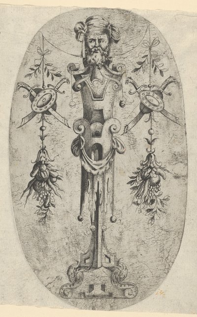 Erkek Uç Figürü, Üç Çeyrek Kayış Pede Üzerinde Sakallı ve Sarıklı Baş..., ca. 1543-45. by Jean Mignon