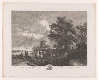 Petite Partie de Chasse köprüsü olan bir manzarada avcılık şirketi (nesne üzerindeki başlık) Philips Wouwerman'ın tablolarından sonraki baskılar (seri başlığı) Oeuvres de Ph.pe Wouwermans Hollandois (seri başlığı) by Jean Moyreau
