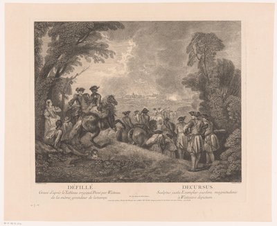 Bir şehre giderken askerlerle Mart Geçit Töreni - Decursus (nesne üzerindeki başlık) Antoine Watteau