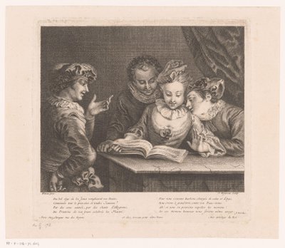 Bir masada şarkı söyleyen genç kadın ve üç genç adam Antoine Watteau