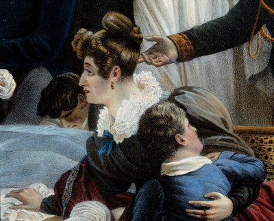 Napolyon'un Ölümü, 5/05/1821 Saint Helenedetail'de Henri Gatien Bertrand'ın (1773-1844) karısı Fanny Bertrand'ı temsil ediyor. Charles Auguste Steuben (1788-1856) Malmaison'un resmine dayanan Jean Pierre Marie Jazet (1788-1871) tarafınd by Jean Pierre Marie Jazet