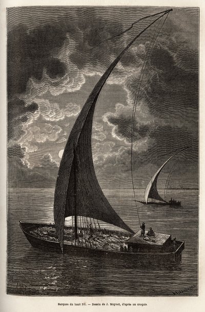 Les barques du haut Nile, mürettebat ve güvertede uyuyan yolcu sayısı, ay ışığında, J.Moynet
