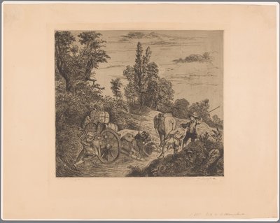 Bir grup erkek tarafından kenara çekilen suya sıkışmış bir araba ile manzara by Jean Théodore Joseph Linnig