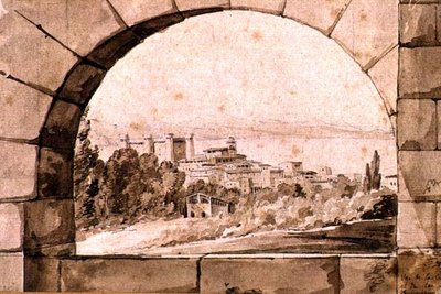 Bracciano Kasabası ve Gölü manzarası, c.1810 (kağıt üzerinde sepya yıkamalı kalem ve sepya mürekkebi) by Jean Thomas Thibault