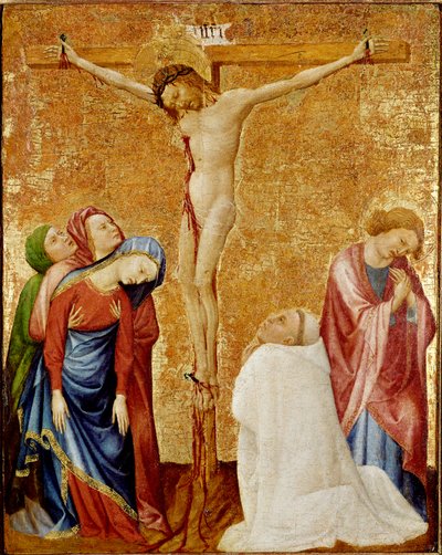 Carthusian keşiş için Calvary. Üç bakire ve Aziz John haçı çevreliyor. Bir Carthusian keşiş, İsa