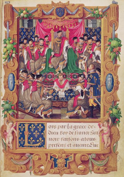 Henri II, Fransız şövalye Saint-Michel Düzeninin bir bölüm toplantısına başkanlık ediyor by Jean the Elder Cousin