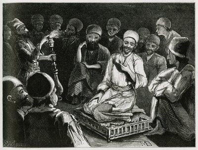 İranlı hikaye anlatıcısı, dinleyicilerinin etrafını sarar. Gezgin yazar tarafından “Pers, Chaldee ve Susiane” hikayesini göstermek için gravür by Jeanne Dieulafoy