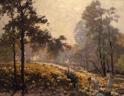 Ormanlık bir arazide sarı çiçekler toplayan kadınlar by Jeno Karpathy