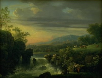 Şelaleli Dağlık Bir Manzara. gündoğumu by Jens Juel