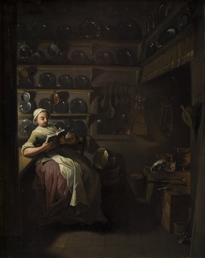 Bir Kız Okuma ile Mutfak İç by Jens Juel