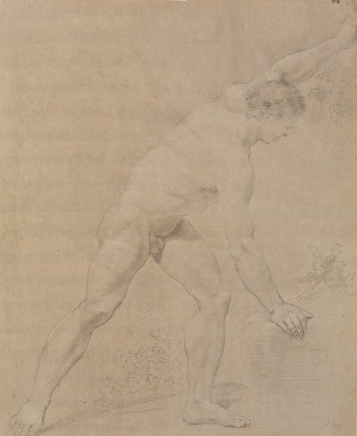 Model ayakta, sağa dönük, sol kol kaldırılmış, sağ alçaltılmış ve bir kayaya karşı desteklenmiş. by Jens Juel
