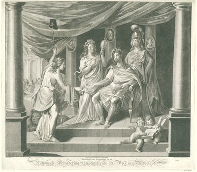 Ulusal Meclis Üzerine Alegori, 1796 Hollanda Halkını Temsil Eden Ulusal Mecliste Sembolik Sanat Baskısı (nesne üzerindeki başlık) by Jeremias Snoek
