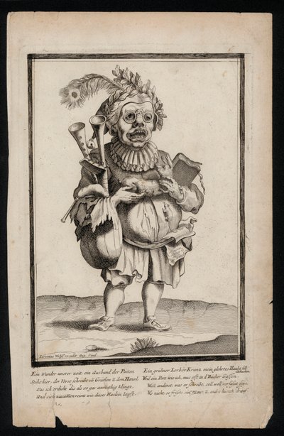 Gayda taşıyan ve tavus kuşu tüyü başlık takan adam, gerçeküstü kostüm baskısı, c1700 (gravür) by Jeremias Wolff