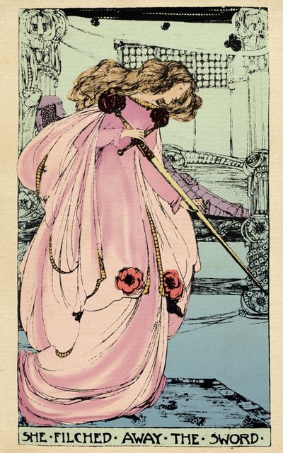 Peri Morgane, sevgilisinin Kral Arthur'a karşı kullanması için Excalibur'u çalar. Sebastian Evans'ın (1830) "Galli Perceval, yuvarlak masa şövalyesi tarafından yazılan Kutsal Kâse'nin Yüksek Tarihi" kitabı için Jessie Marion King& by Jessie Marion King