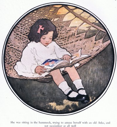 Hamakta oturuyor, eski bir atlasla kendini eğlendirmeye çalışıyor ve hiç başarılı olamıyor (renkli taş) by Jessie Willcox Smith