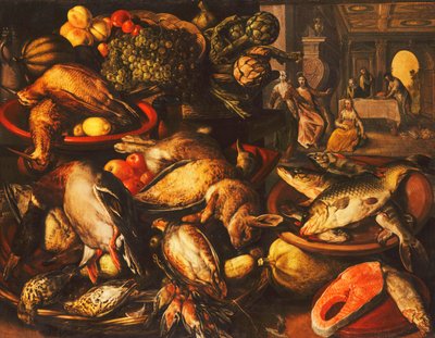 Kilerlerdeki Sepetler ve Kaselerdeki Av Hayvanları, Balık, Meyve ve Sebzeler, 1569 by Joachim Beuckelaer
