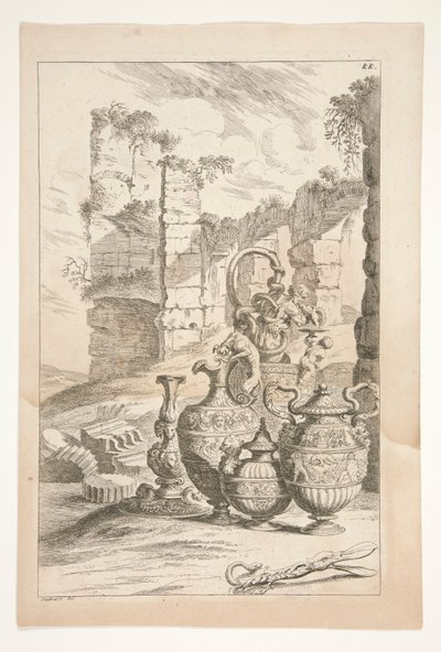Sculpturae Veteris Admirata'dan Harabelerle Bir Peyzajda Şamdan ve Kulplu Süs İbreleri by Joachim von Sandrart