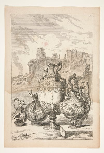 Klasik Harabelerle Bir Manzarada Dört Vazo, Kırık Bir Vazo, Kırık Bir Şamdan ve Bir Herm by Joachim von Sandrart