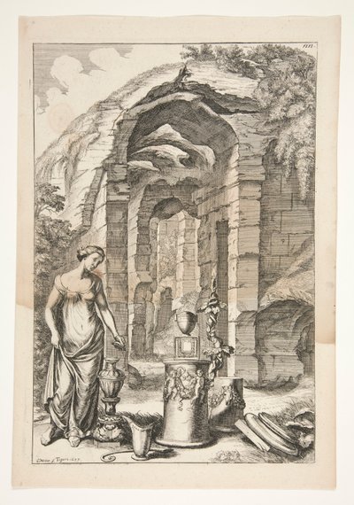 Urns, Standlar ve Harabeler ile Antik Elbiseli Kadın by Joachim von Sandrart