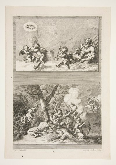 üst yarı: Bir Nehir Tanrısı ve Putti Şöhretin Sembolleriyle Oynarken Alt Yarı: Aşk Tanrısının Cezası by Joachim von Sandrart