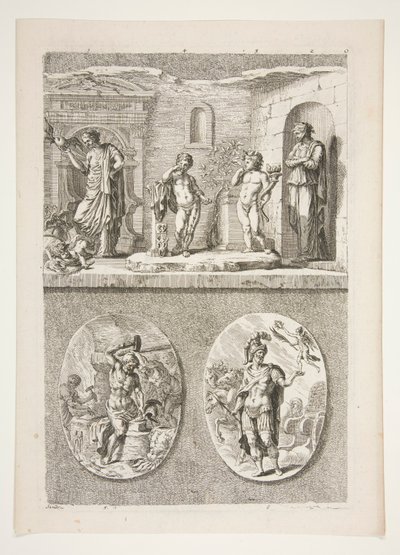 üst yarı: Dört Antik Heykel alt yarı: Forge of Vulcan ve A Victorious Roman General by Joachim von Sandrart