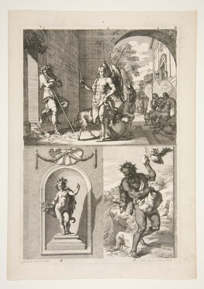 üst yarı: Bilinmeyen dini Konu alt yarı: Bir niş içinde bir putto heykeli ve bir manzarada bir faun heykeli by Joachim von Sandrart