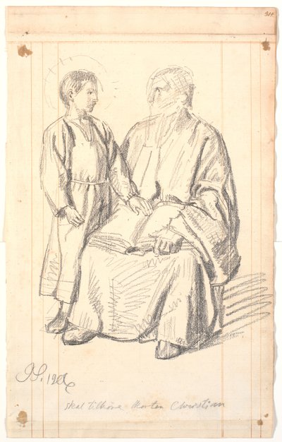 Oturan yaşlı adam ve ayakta duran çocuğun şekil çalışması by Joakim Frederik Skovgaard
