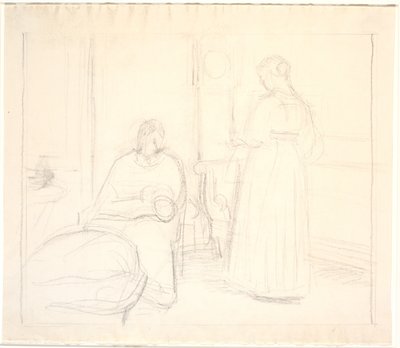 Saat ve oturmuş ve ayakta kadın ile iç by Joakim Frederik Skovgaard