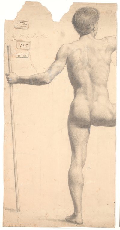 Ayakta duran erkek model, arkadan görülüyor, sol elinde çubuk, sağ kol ve bacaklar kesilmiş by Joakim Frederik Skovgaard