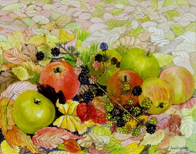 Sonbahar Yapraklarında Elma ve Böğürtlen,2010,suluboya by Joan Thewsey