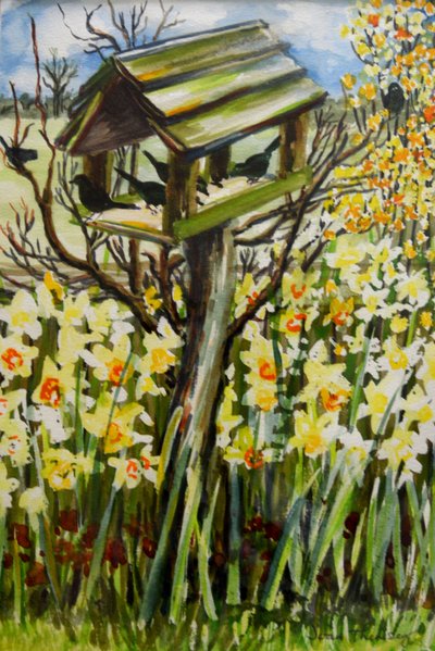 Nergis ve Kuş Evindeki Kuşlar, 2000,(guaj) by Joan Thewsey