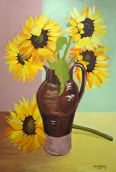 Uzun Kahverengi Bir Sürahide Beş Ayçiçeği,2007 (guaj) by Joan Thewsey