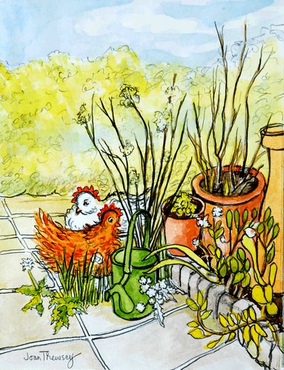Tavuklar ve Saksılar, Lucy Redman Açık Bahçe, 2000, (sulu boya ile boyanmış kurşun kalem) by Joan Thewsey