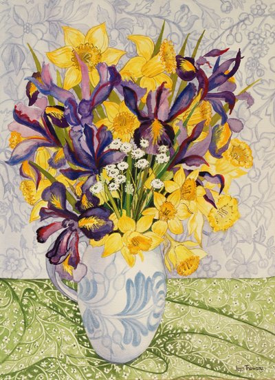 Desenli Tekstil ile İris ve Nergis, 2008, el yapımı kağıt üzerine sulu boya by Joan Thewsey
