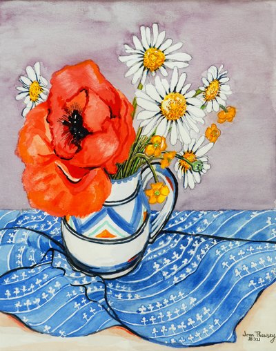 Honiton Sürahisinde Kırmızı Oryantal Haşhaş ve Marguerites, 2005, (sulu boya) by Joan Thewsey