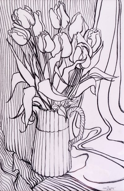 Çizgili Kumaşa Karşı Laleler,2000,grafit by Joan Thewsey