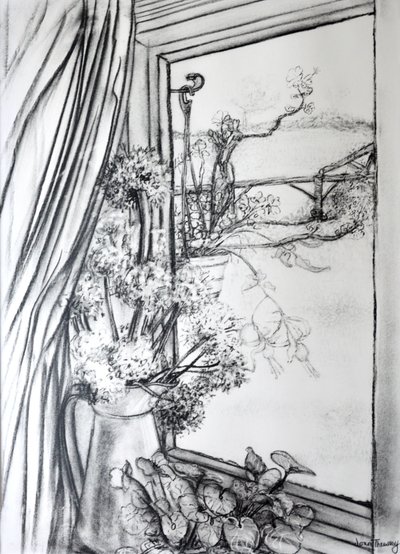 Kulübe Penceresinden Görüntüle, 1970 (kömür) by Joan Thewsey