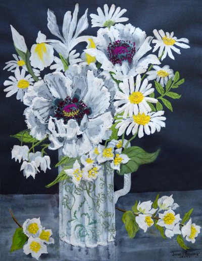 Beyaz Gelincikler, Marguerites ve Philadelphus, (guaj) by Joan Thewsey