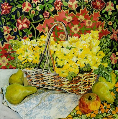 Sepette Sarı Primroses, Meyveli ve Tekstil, 2010.suluboya by Joan Thewsey