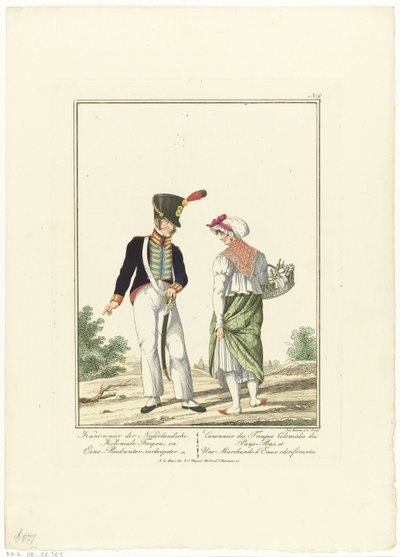 Kokulu bir su satıcısıyla nişancı Hollanda Koloni birliklerinin topçusu ve bir parfümcü pazarlamacı Üniformalar ve kostümler (dizi adı) by Joannes Bemme