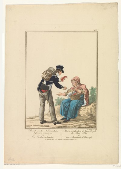 Istakoz satıcısı ile ayakta asker Ligne Hollandalı Piyade Asker ve bir ıstakoz satıcısı (nesne üzerinde başlık) Üniformalar ve kostümler (dizi adı) by Joannes Bemme