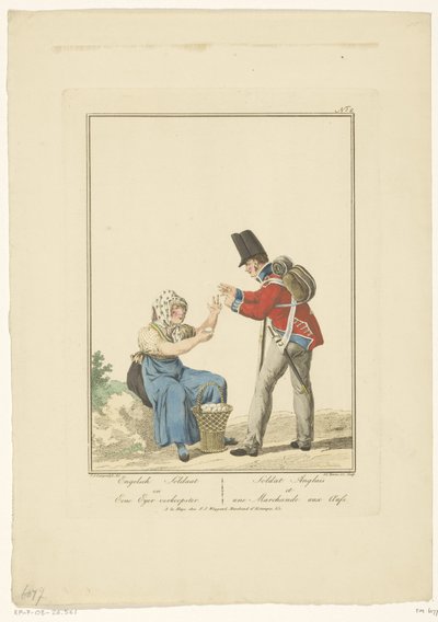 Oturmuş yumurta satıcısı ile ayakta asker İngiliz Askeri ve One Eyer Satış Görevlisi (nesne üzerindeki başlık) Üniformalar ve kostümler (dizi adı) by Joannes Bemme