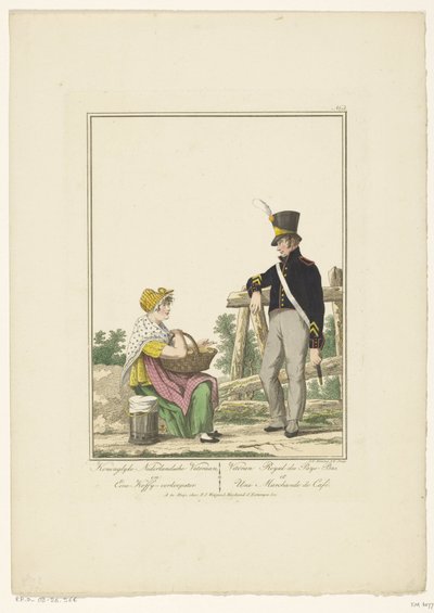 Oturmuş kahve satıcısı ile ayakta asker Koninglyke Hollandalı gazisi ve bir kahve satıcısı (nesne üzerinde başlık) Üniformalar ve kostümler (dizi adı) by Joannes Bemme