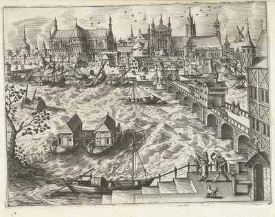 Köprü ve liman ile şehir manzarası Manzaralar, deniz manzaraları ve yaratıcı şehir manzaraları (dizi adı) by Joannes van Doetechum (I) (attributed to)