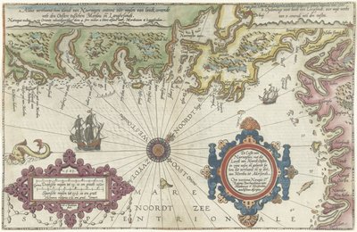 Merdøy ve Uddevalla arasındaki Norveç ve İsveç kıyılarının haritası Custe van Noorweghen, batıda kuzeyden doğuya inen ve şekli (...) (nesnenin başlığı) by Joannes van Doetechum (I)